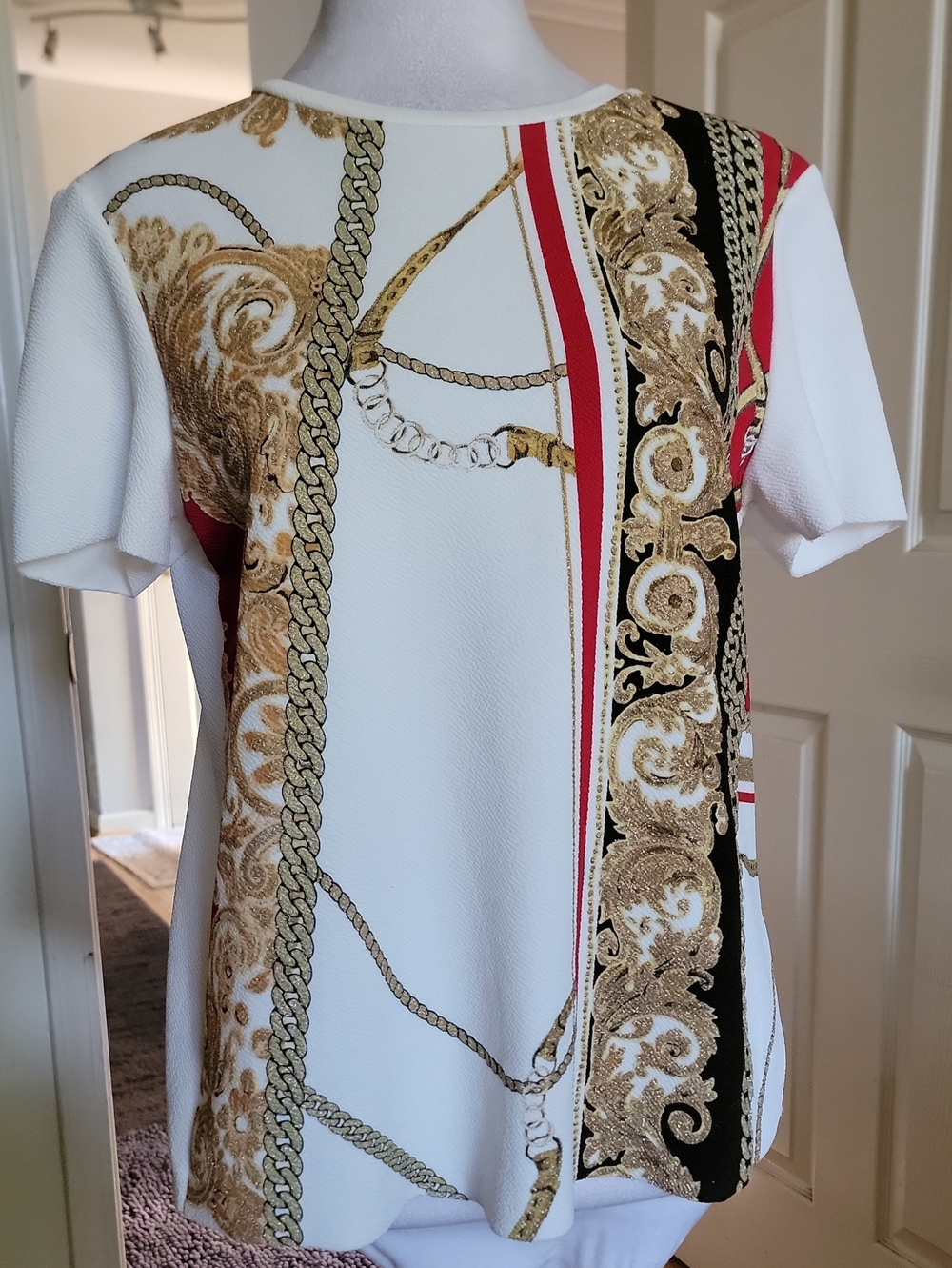Zara Basic White Baroque Print Dress with Gold Accents